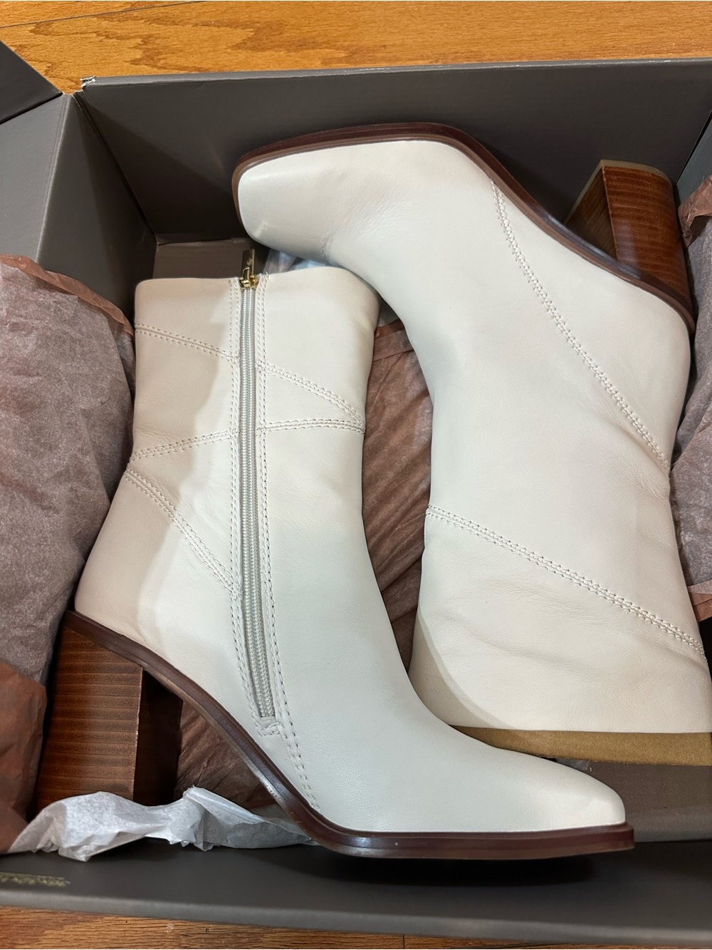 Franco Sarto White Leather Ankle Booties with Wood-Tone Block Heel